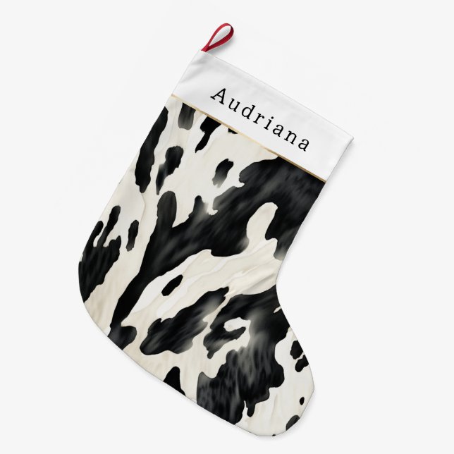 Grande Chaussette De Noël Noël Impression Vache Crème Noire Ferme (Devant (Accrochage))