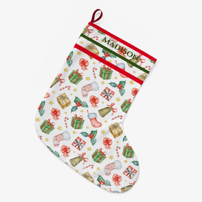 Grande Chaussette De Noël Noël Motif Vacances Rouge & Vert (Devant (Accrochage))