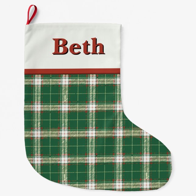 Grande Chaussette De Noël Noël Plaid vert et blanc (Devant)