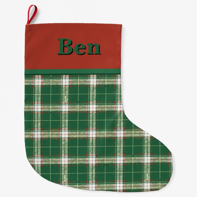 Grande Chaussette De Noël Noël Plaid vert et blanc (Devant)