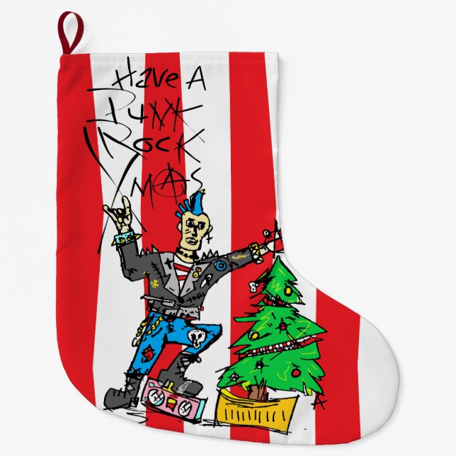 Grande Chaussette De Noël NOËL PUNK ROCK avec RAYURES (Devant)