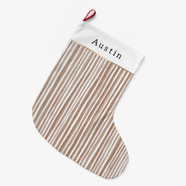 Grande Chaussette De Noël Noël Rayures Marron Crème    (Devant (Accrochage))