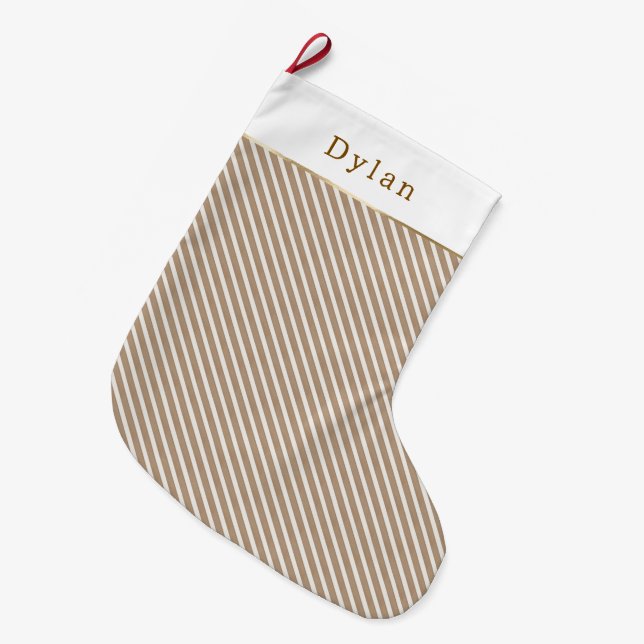 Grande Chaussette De Noël Noël Rayures Marron Crème (Devant (Accrochage))
