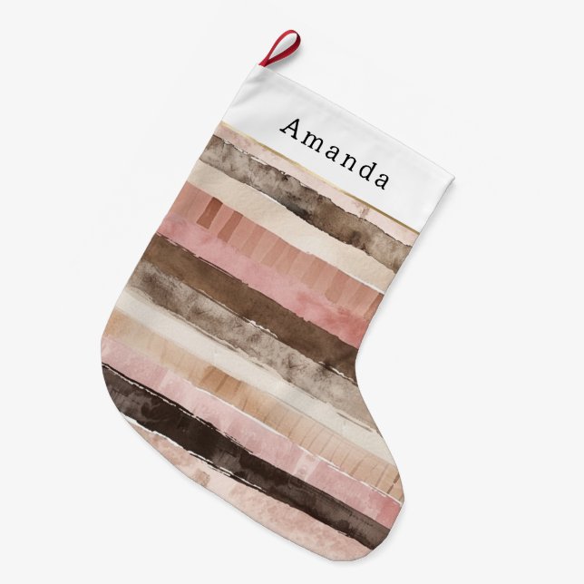 Grande Chaussette De Noël Noël rayures rose marron crème (Devant (Accrochage))