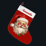 Grande Chaussette De Noël Noël rétro Holly Jolly Santa Claus<br><div class="desc">Récipiendaire de Noël personnalisé avec une joyeuse illustration d'un Père Noël de style vintage aux joues roses rouges. Portant son chapeau de Père Noël rouge classique et sa grande barbe blanche. Un spring de saint ajoute à l'esprit festif de fête de ce design.</div>