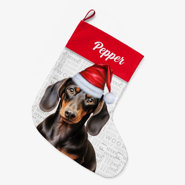 Grande Chaussette De Noël Noël Smooth Dachshund Père Noël avec le nom du chi (Devant (Accrochage))