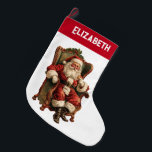 Grande Chaussette De Noël Noël traditionnel de Père Noël vintage<br><div class="desc">Récipiendaire de Noël personnalisé avec un nom. Conçu avec une image de style vintage avec le Père Noël classique assis dans un fauteuil démodé. Joli design traditionnel de Noël.</div>