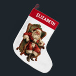 Grande Chaussette De Noël Noël traditionnel de Père Noël vintage<br><div class="desc">Récipiendaire de Noël personnalisé avec un nom. Conçu avec une image de style vintage avec le Père Noël classique assis dans un fauteuil démodé. Joli design traditionnel de Noël.</div>
