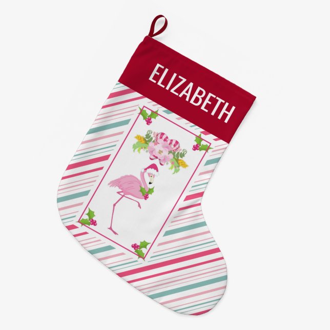 Grande Chaussette De Noël Noël tropical Flamant rose rose (Devant (Accrochage))