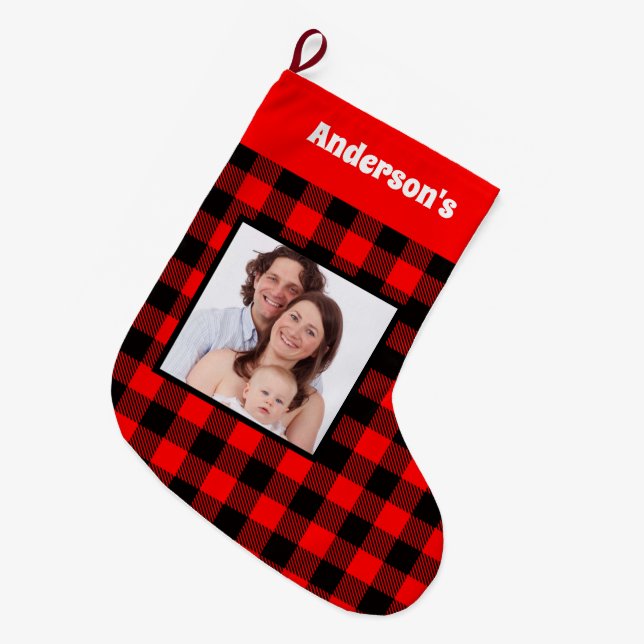 Grande Chaussette De Noël Noir Rouge Buffalo Plaid Nom de la famille  (Devant (Accrochage))