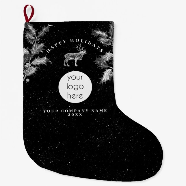 Grande Chaussette De Noël Noir Rustique Blanc Vacances Affaires Logo Noël (Devant)