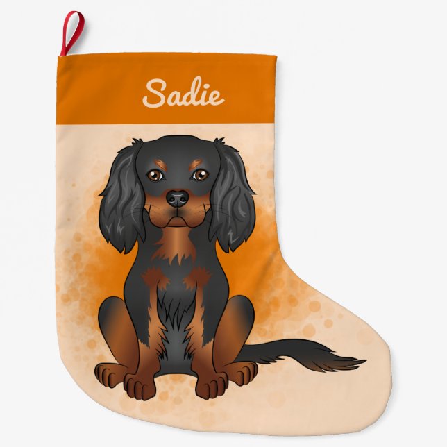 Grande Chaussette De Noël Noir & Tan Cavalier King Charles Chien sur Orange (Devant)