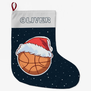 Grande Chaussette De Noël Nom de ballon de basketball chapeau de Père Noël r