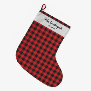 Grande Chaussette De Noël Nom de buffle à chèque rouge noir personnalisé