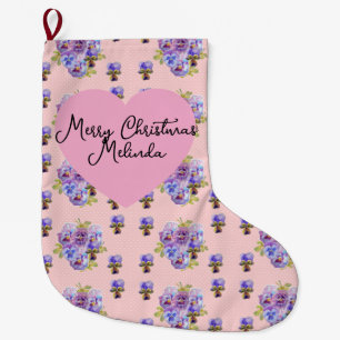Grande Chaussette De Noël Nom de fille de Noël bleu pastel floral démodé