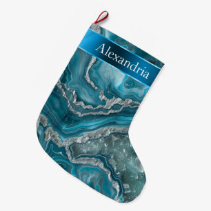 Grande Chaussette De Noël Nom de Noël Argent Bleu Aqua Glam Glitz