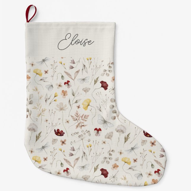 Grande Chaussette De Noël Nom de script Boho Wildflower Noël (Devant)