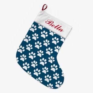 Grande Chaussette De Noël Nom du chat de chien de compagnie Bleu Blanc Empre