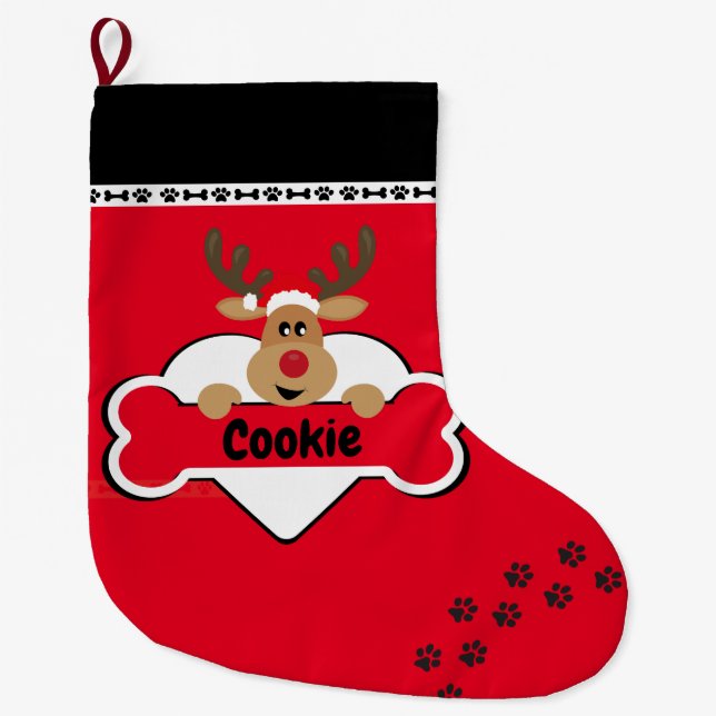 Grande Chaussette De Noël Nom du chien avec Rendeer Red (Devant)