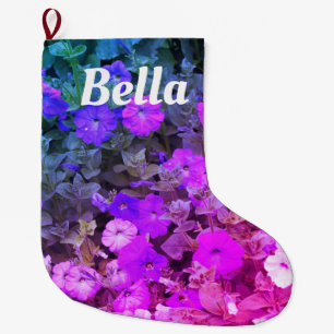 Grande Chaussette De Noël Nom du monogramme Fleurs florales violettes roses