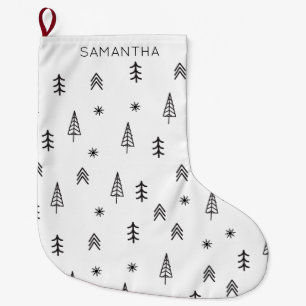 Grande Chaussette De Noël Nom du Motif minimaliste de la Forêt d'hiver blanc