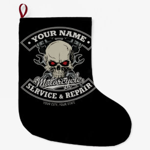 Grande Chaussette De Noël Nom personnalisé Biker Mécanique Skull Motorcycle