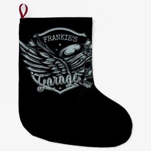 Grande Chaussette De Noël Nom personnalisé Biker Skull Wings Motorcycle Gara