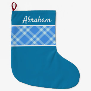 Grande Chaussette De Noël Nom personnalisé bleu ciel de Rustic Plaid motif