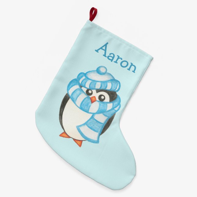 Grande Chaussette De Noël Nom personnalisé Enfants Noël Pingouin Stocking (Devant (Accrochage))