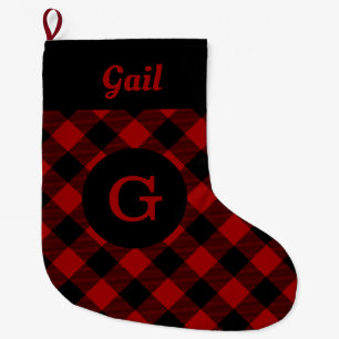 Grande Chaussette De Noël Nom personnalisé et monogramme de Buffalo Plaid