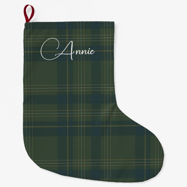 Grande Chaussette De Noël Nom personnalisé Green Buffalo Tartan Plaid (Devant)