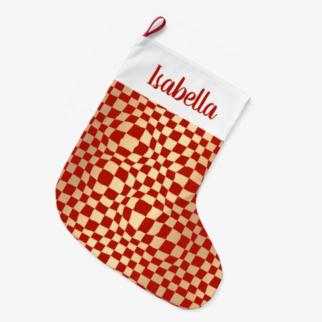 Grande Chaussette De Noël Nom personnalisé Motif Red et Gold Checker (Devant (Accrochage))