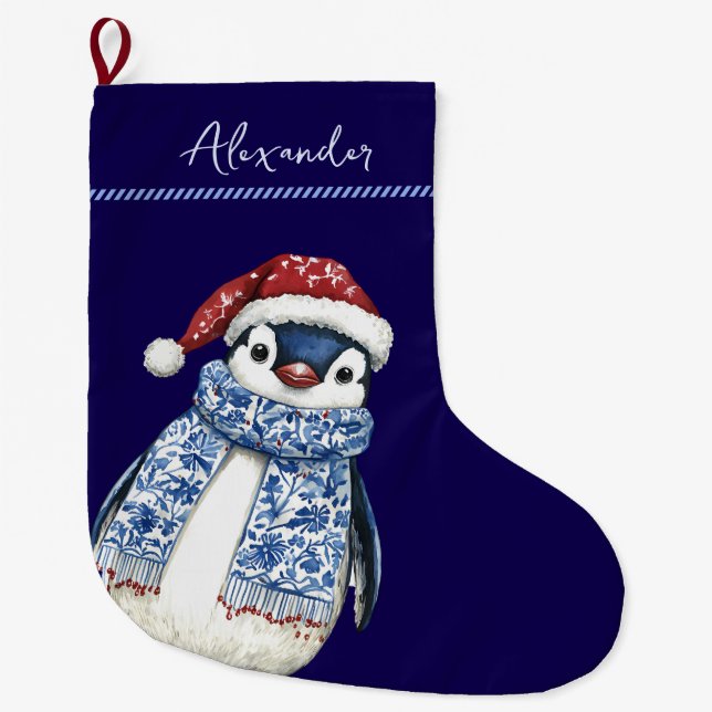Grande Chaussette De Noël Nom personnalisé Noël Chinoiserie Penguin (Devant)
