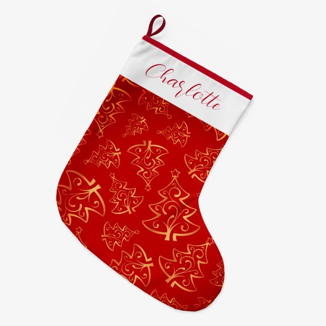 Grande Chaussette De Noël Nom personnalisé rouge et or (Devant (Accrochage))