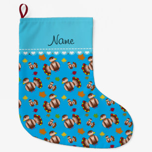 Grande Chaussette De Noël Nom personnalisé sky blue turkey's feuilles