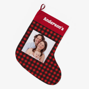 Grande Chaussette De Noël Nom rouge de photo de famille de motif de bûchero