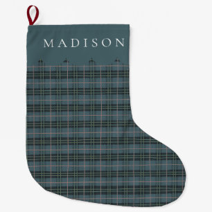 Grande Chaussette De Noël Nom Tartan à carreaux Dusty Blue