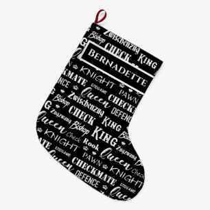 Grande Chaussette De Noël Noms des pièces d'échecs noirs et blancs du joueur
