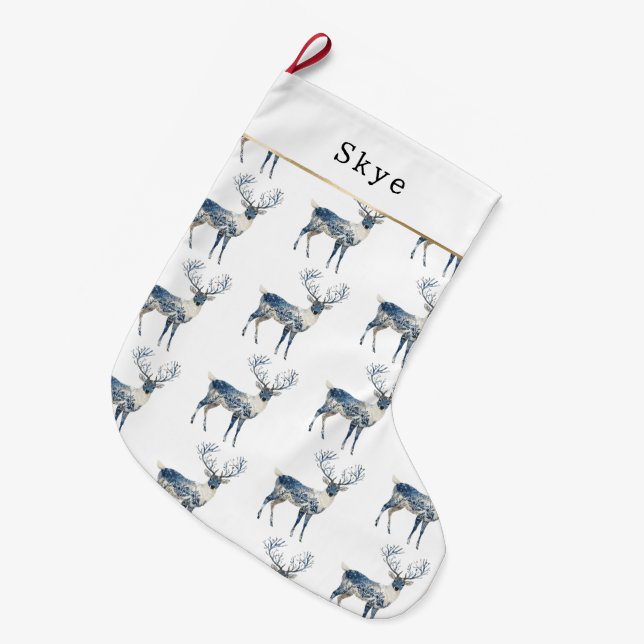 Grande Chaussette De Noël Nordic Blue White Deer Christmas (Devant (Accrochage))