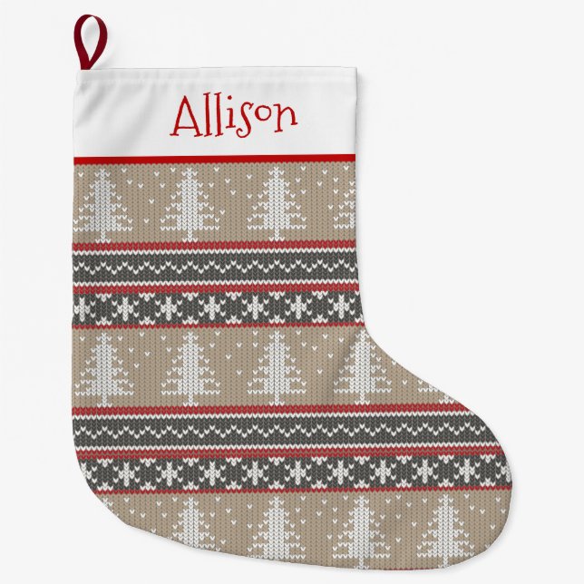 Grande Chaussette De Noël Nordic Knit Motif de Noël | Tan et rouge Large (Devant)