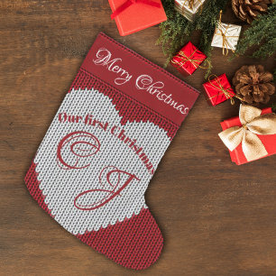Grande Chaussette De Noël Notre premier Monogramme de Noël Rouge Knit Coeur