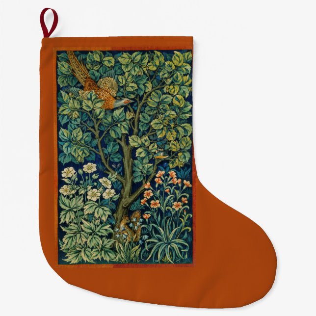 Grande Chaussette De Noël Oiseau Faisan dans un Arbre (par William Morris) (Devant)