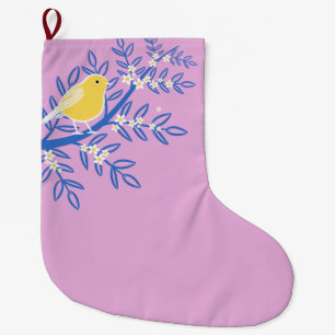 Grande Chaussette De Noël Oiseau jaune illustré sur un Arrière - plan rose