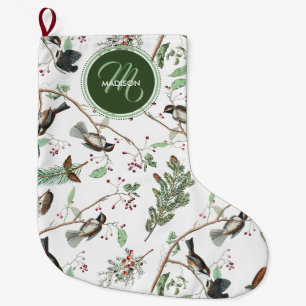 Grande Chaussette De Noël Oiseaux de poulet Berries et Pinecones Monogrammes