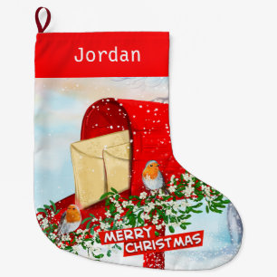 Grande Chaussette De Noël Oiseaux d'hiver sur boîte de poste rouge neige Per