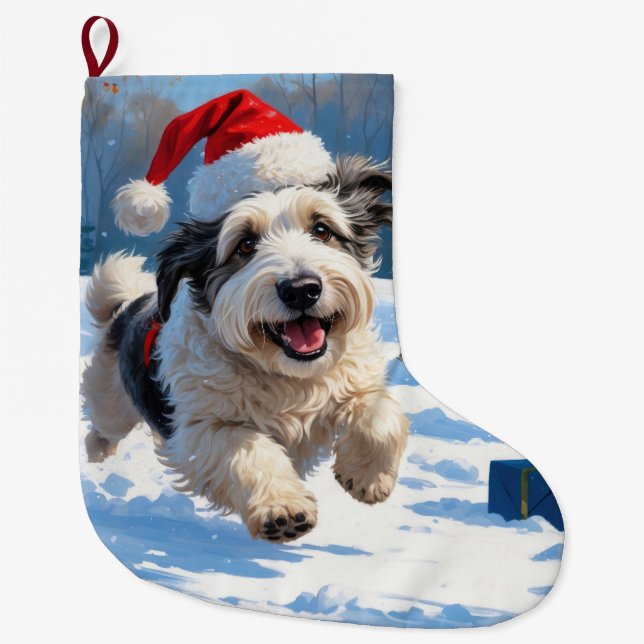 Grande Chaussette De Noël Old English Sheepdog Running in Snow Christmas Cas (Devant)