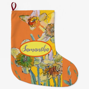 Grande Chaussette De Noël Orange Jaune Daffodil Fleurs Florales Grandes