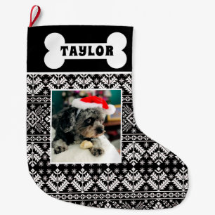 Grande Chaussette De Noël Os à moelle pour chien Fair Isle Noël noir et blan