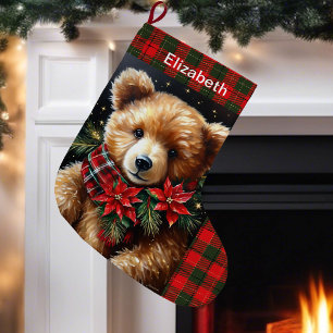 Grande Chaussette De Noël Ours en peluche Ajouter Nom Noël Rouge Vert