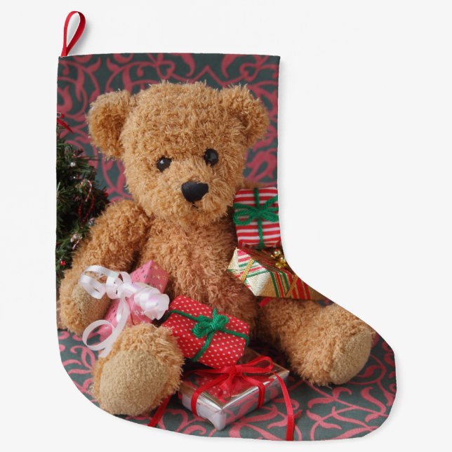 Grande Chaussette De Noël Ours en peluche avec de nombreux cadeaux de Noël (Devant)